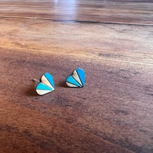 Wooden Heart Earrings, Striped—Pierced —Blue Teal Turquoise Brown—Local Artist